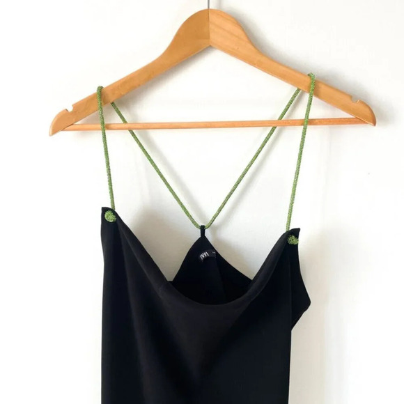 Zara Black Cowl Neck Mini Dress w/ Green Diamante Rhinestone Straps Sz Small - Picture 11 of 16